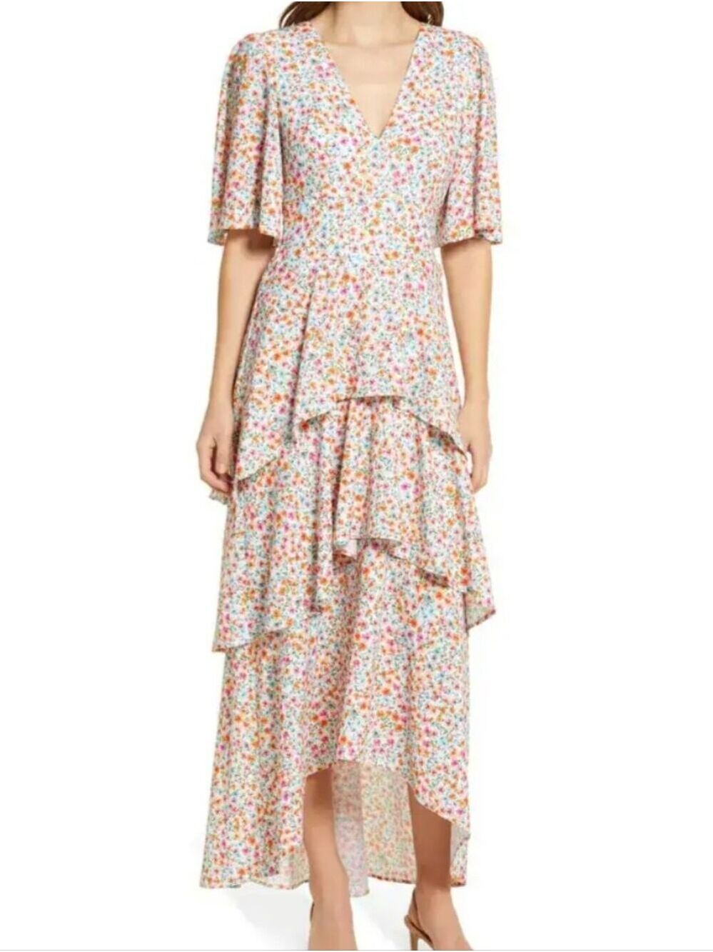Fourteenth Place Floral Tiered High-Low Maxi Dress Bright Summer Colors Size LG